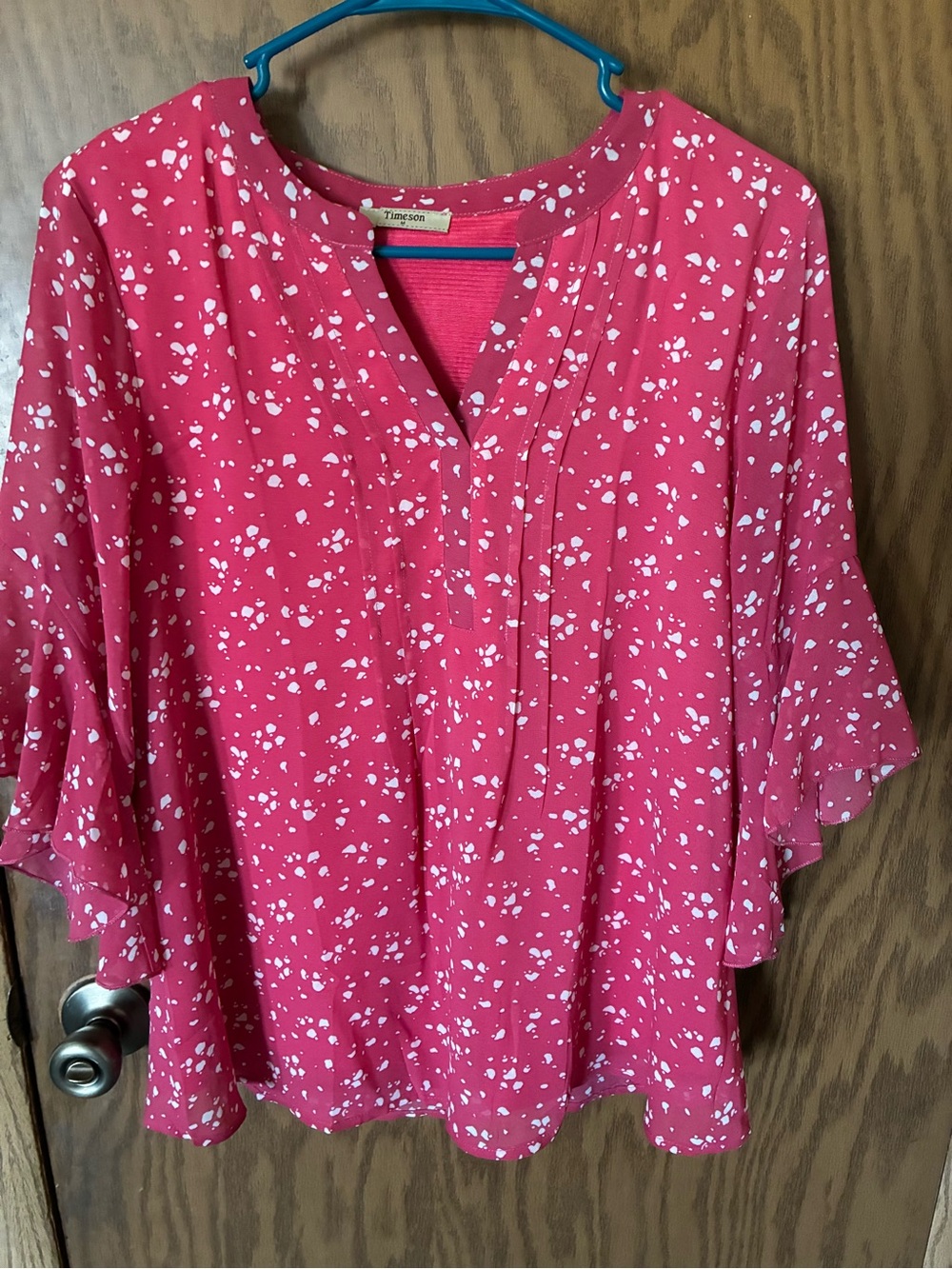 Timeson Raspberry Split-Neck Flutter Sleeve Blouse - Picture 4 of 5